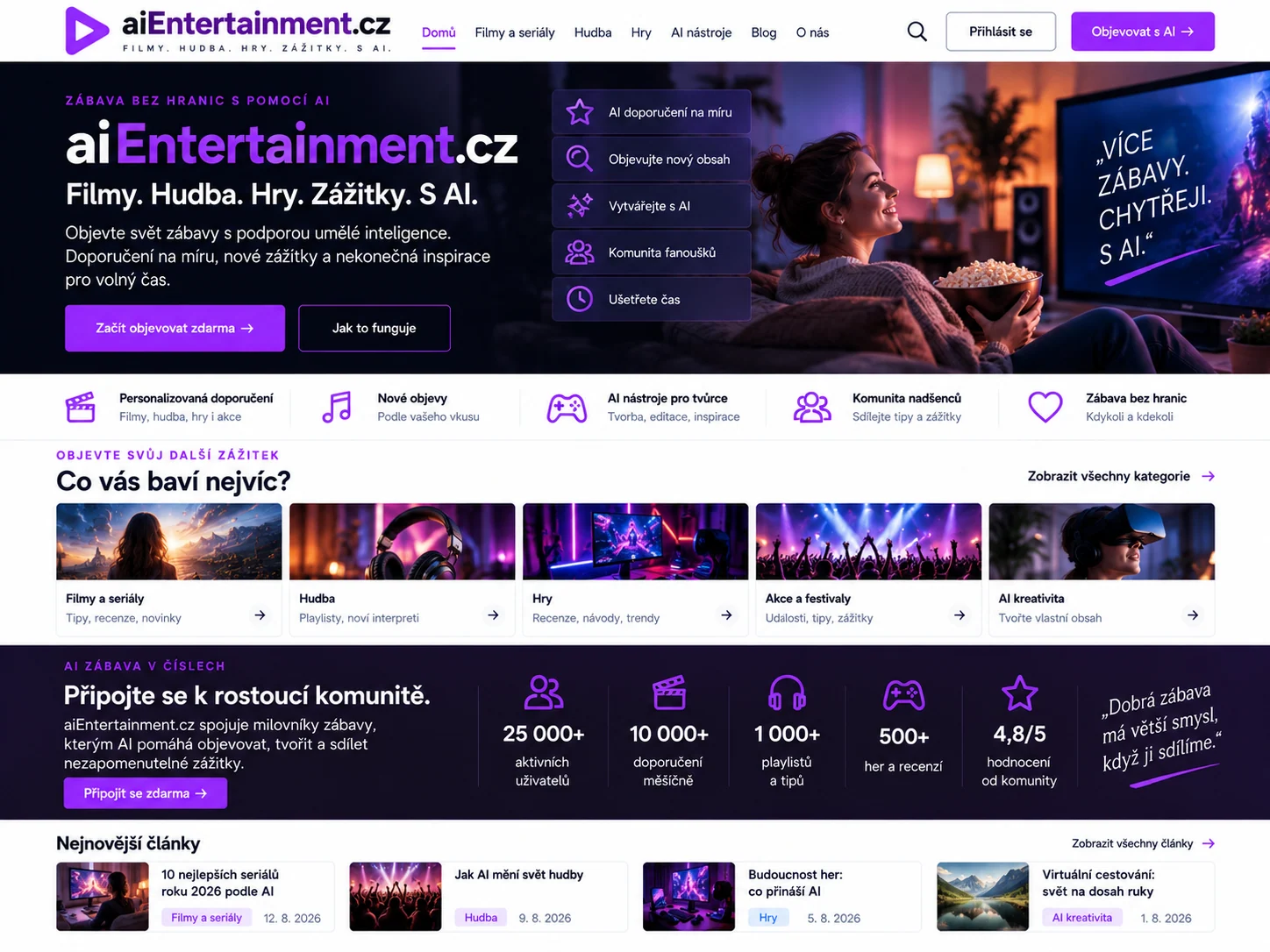 Ilustrační návrh platformy aiEntertainment.cz s hudbou, videem a herním obsahem